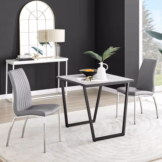 FurnitureboxUK Carson White Marble Effect Square Dining Table and 2 Grey Faux Leather Isco Chairs