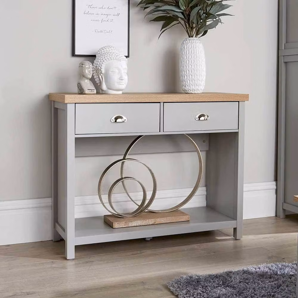 FORGEVIO Modern Grey Wood Console Table with 2 Drawers and Metal Handles – 3