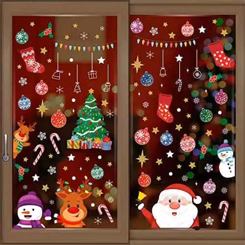 WALPLUS Christmas Window Stickers with Santa and Friends, 109 Piece Reusable Double-Sided Decals for Glass Display, Multicolour – 1
