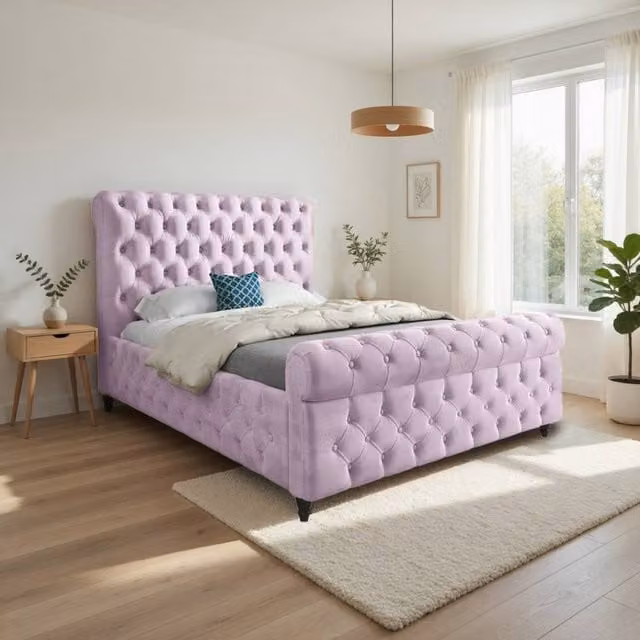 KDMD Tiddington Sleigh Upholstered Pink Velvet Designer Bed Frame, W/D/H: 90 x 190 cm