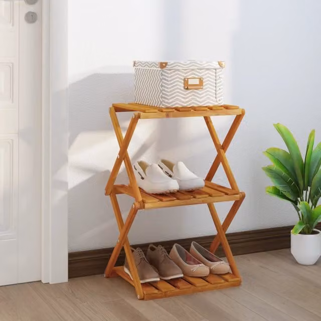 Berkfield Home 3-Tier Folding Acacia Wood Shoe Rack in Brown, W/D/H: 43 x 31 x 63 cm – 1