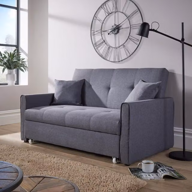 Home Source Velvet Upholstered Two Seater Pull-Out Double Sofa Bed in Grey