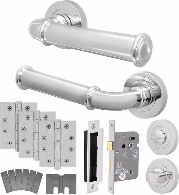 AFIT Polished Chrome Fire Door Handle and Lock Set with Hinges in Silver, 150 x 150 mm – 1