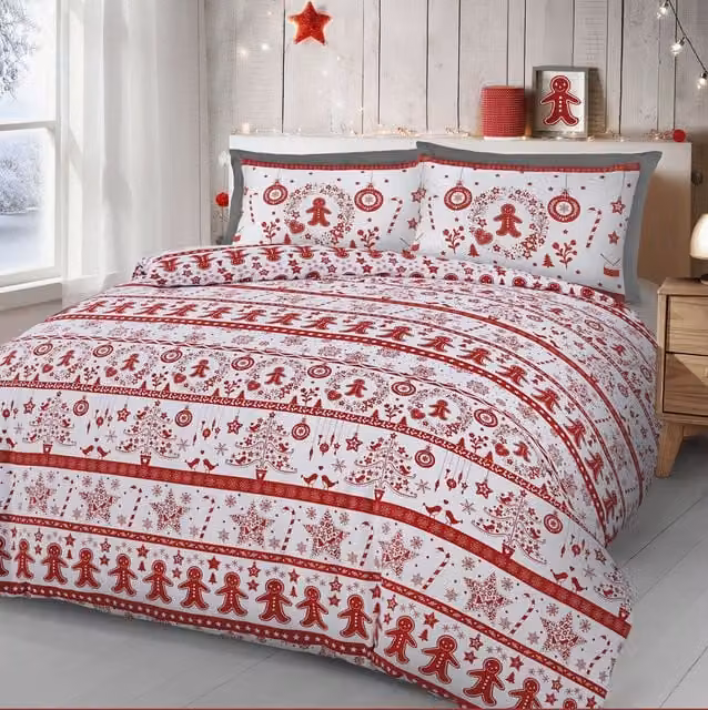 Velosso Gingerbread Printed Cotton Rich Duvet Cover and Pillowcase Set, Red, Single, W/D/H: 135 x 200 cm and 50 x 75 cm