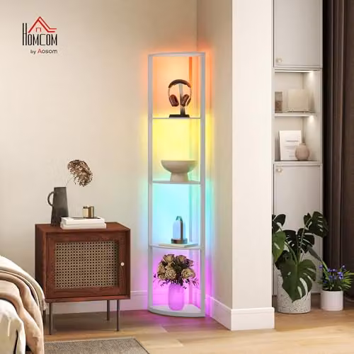 HOMCOM RGB LED Floor Lamp with 4-Tier Shelves in Grey – 2
