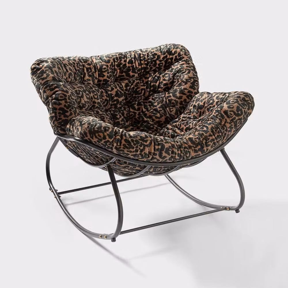 OHS Brown Animal Print Fleece Rocking Chair with Armrests and Metal Frame – 2