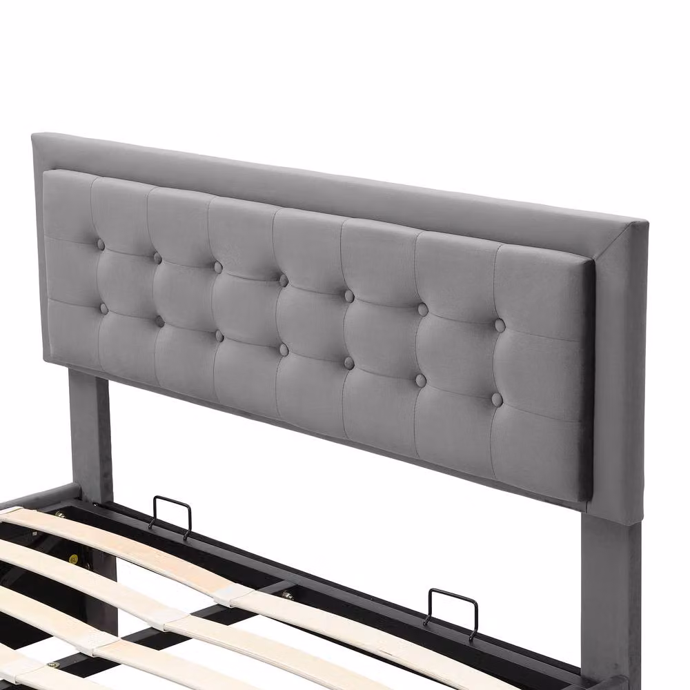 BTM Grey Velvet Upholstered Double Bed with Lift Up Storage, W/D/H: 140 x 200 x 101 cm – 6