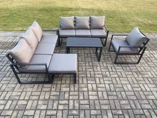 Fimous 8 Seater Aluminium Garden Furniture Set in Dark Grey with L-Shape Sofa, Armchair, Ottoman and Coffee Table
