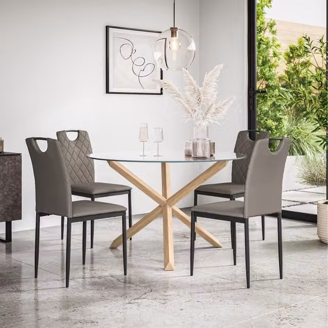 More4Homes Malvern Round Glass Dining Table with Oak Legs and 4 Grey Monza Faux Leather Chairs, Diameter: 120 cm, Height: 75 cm