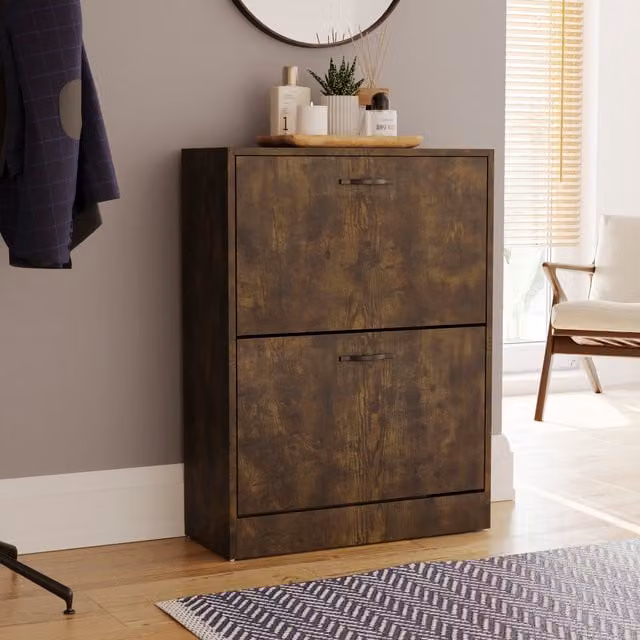 Vida Designs Modern 2 Drawer Brown Wood and Metal Shoe Cabinet with Tilting Compartments