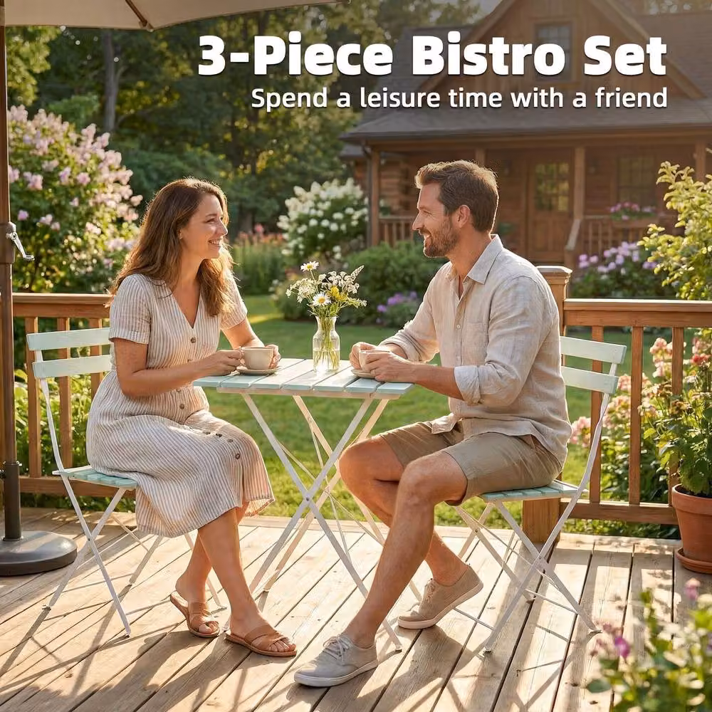 OUTSUNNY Outdoor Folding Bistro Set for 2 Adults in White and Green with Acacia Wood and Metal – 4