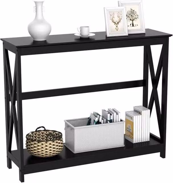 Kelvenix Black 2-Tier Slim Console Table with X-Frame Design, W: 36 cm, D: 1 cm, H: 81 cm – 1