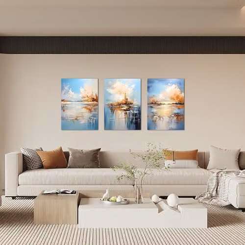 Simpa Azure Mirage 3 Panel Abstract Canvas Wall Art in Blue and Multicolour, W/H: 180 x 60 cm – 2