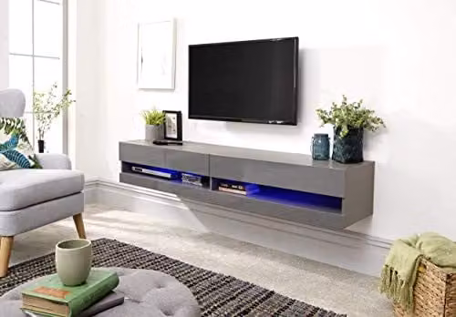GFW Galicia Wall Mounted TV Unit with Integrated LED Lighting in Grey, W: 150 cm, H: 38 cm, D: 30 cm – 1