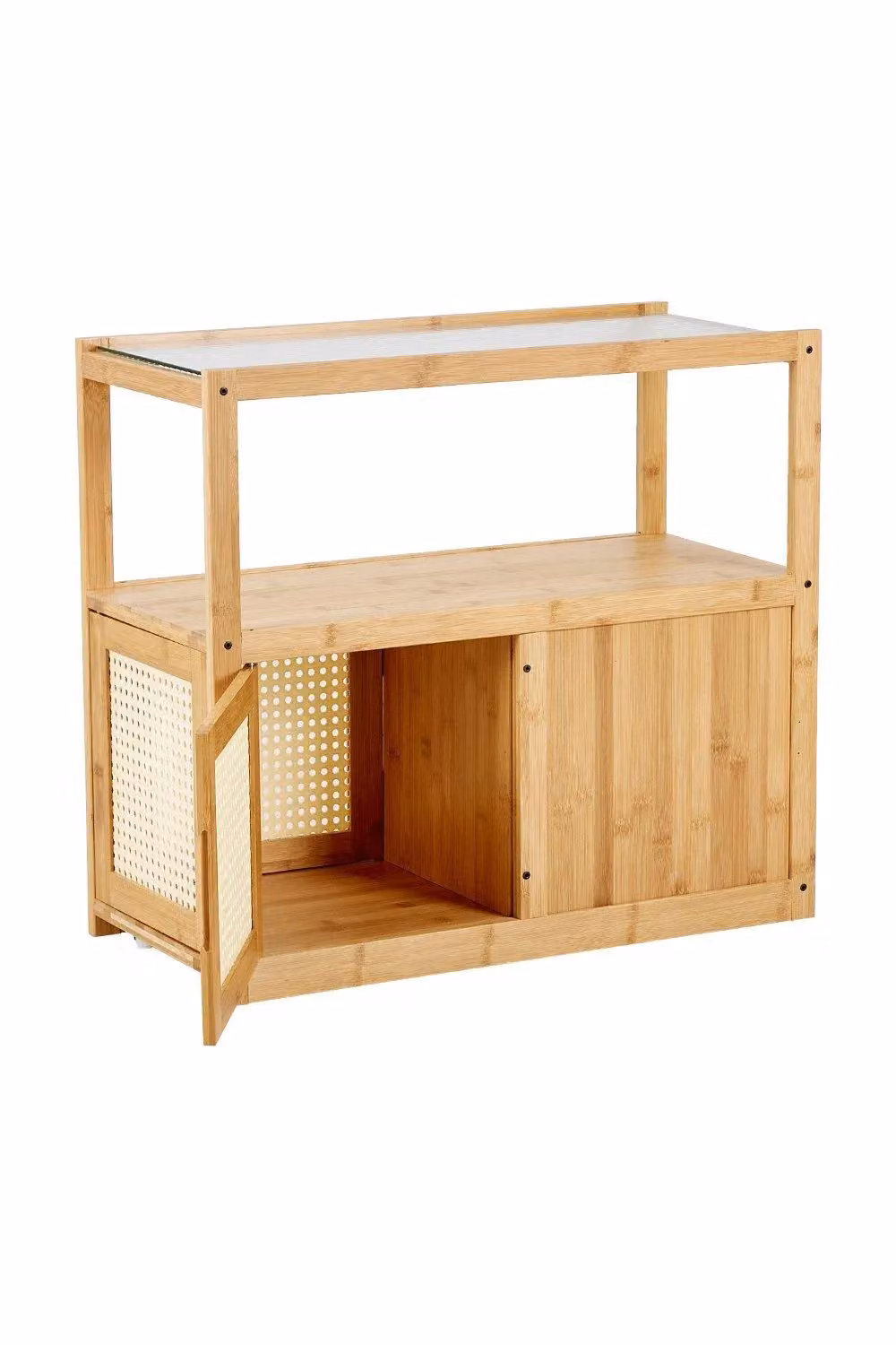 H&O Direct Brown Wooden and Glass Square Side Table with Castors, H 67.0 cm x W 61.0 cm – 3