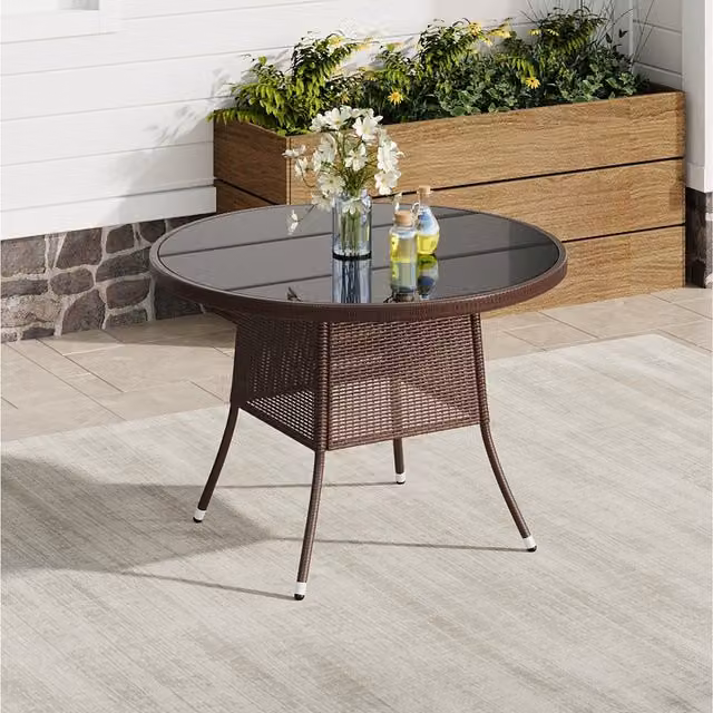 Livingandhome Brown Rustic Wicker Garden Table with Glossy Tempered Glass Top and Parasol Hole