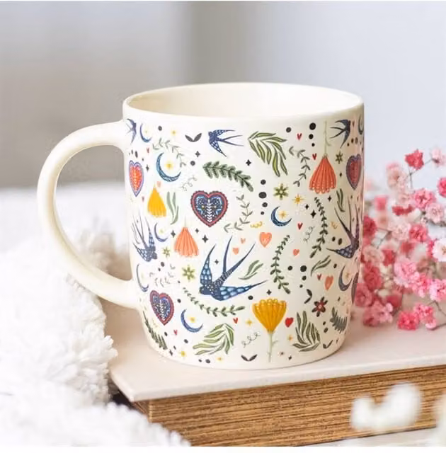 KDMD Midnight Bloom Floral Ceramic Mug, 350ml, Beige and Multicolour
