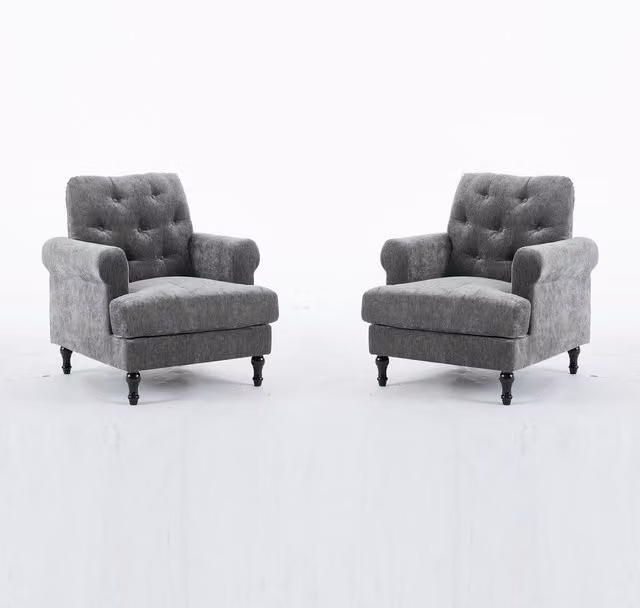 FURNITURE ONE Grey Velvet Tufted 2-Seater Sofa Set with Matching Scatter Cushions