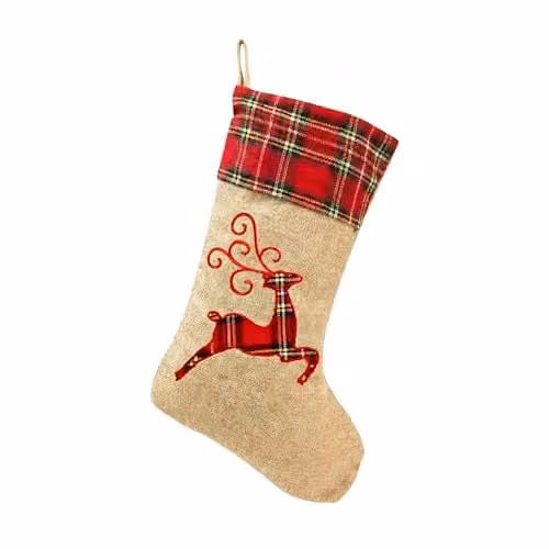 Shatchi Reindeer Christmas Stocking in Brown Burlap Hessian Linen, 45 cm