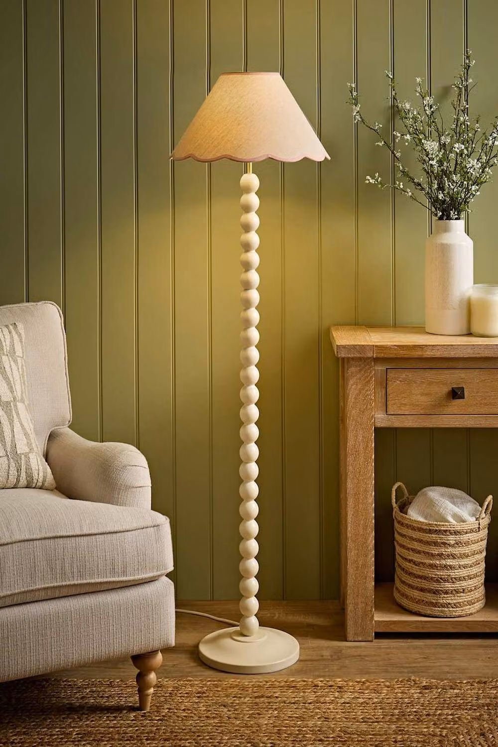 ValueLights Bobbin Colour Trim Linen Floor Lamp in Baby Pink with Bulb – 2