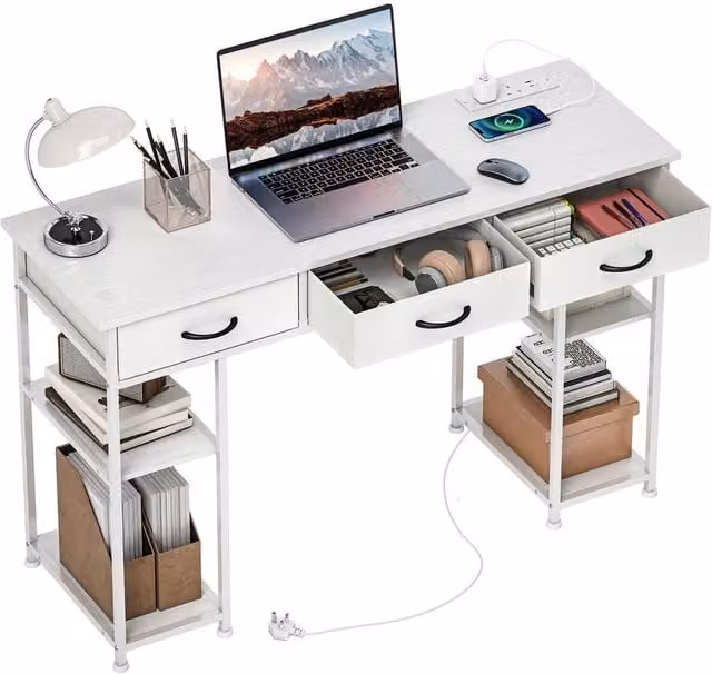KORVIXA Computer Desk with Fabric Drawers in White