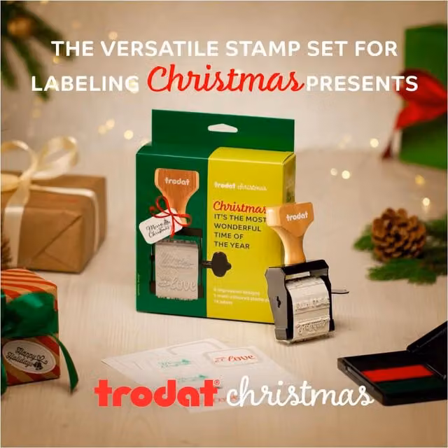Trodat Christmas Stamp Set with 6 Festive Messages and Black, Red and Green Ink Colours