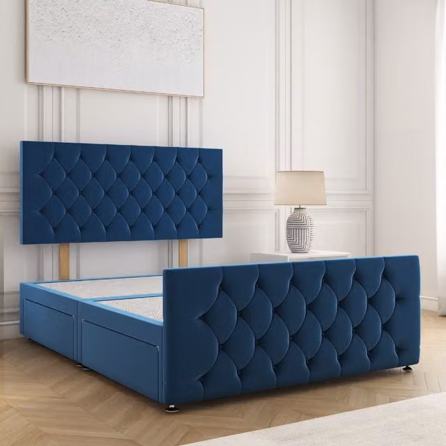 BSSPOKE Maya Velvet Divan Bed with 24 inch Headboard and 2 Drawers, Blue, Super King, W/D/H: 200 x 200 x 30.48 cm