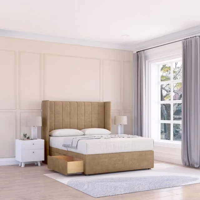 Sloomy Falcon Naples Wingback Bed Set in Light Brown with 2 Drawers and Floor Standing Headboard, Small Double, W/D/H: 120 x 200 x 122 cm