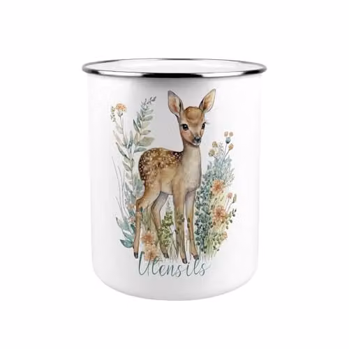 Purely Home Floral Deer Metal Utensil Holder, Multicolour and White, W/D/H: 18 x 16.5 x 16.5 cm