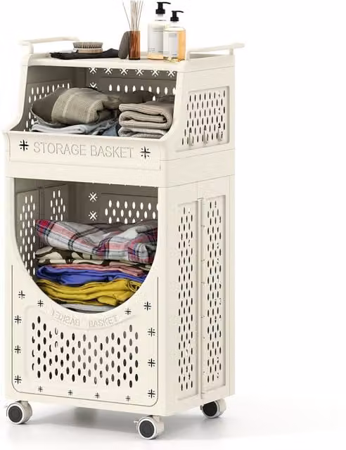 Costway Foldable Rolling Utility Cart with Hooks in Beige