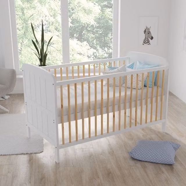 Love For Sleep Maddox Modern Cot Bed with Drop Side in White and Pine, W/D/H: 140 x 70 x 70 cm