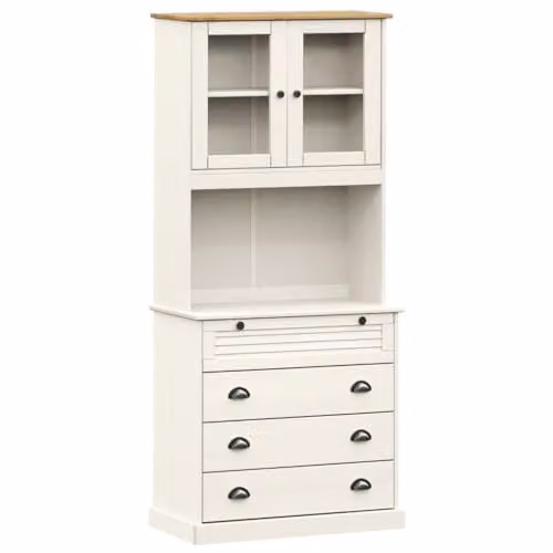 vidaXL VIGO White Rustic Tall Highboard in Solid Pine Wood with Glass Doors, W/D/H: 80 x 40 x 176 cm