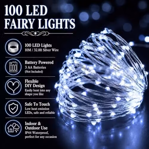 SHATCHI 2 Pack of 200 Cool White LED Fairy String Lights, 2 x 10m, Silver Wire, Battery Operated, Waterproof – 6