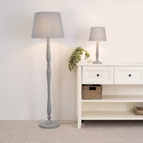 ValueLights Victoria White Wood Traditional Floor Lamp with Grey Fabric Tapered Shade and LED Bulb, H 155 cm x W 45 cm x D 45 cm – 2