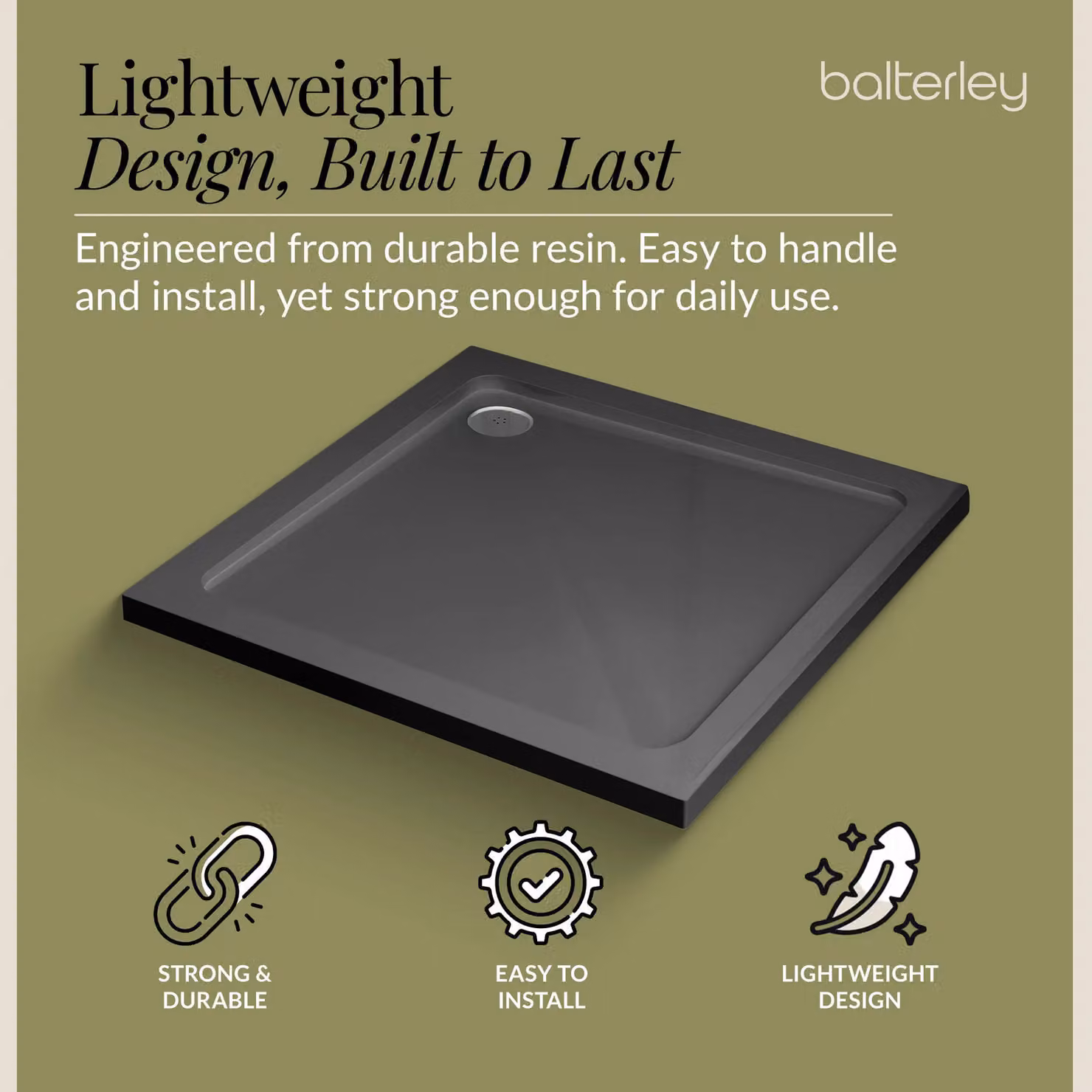 Balterley Premium Square Shower Tray in Grey, W: 90 cm – 3