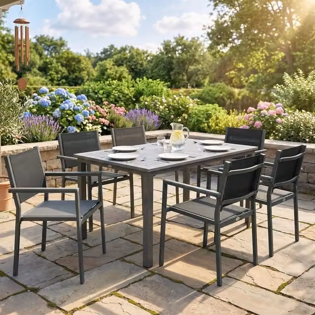 Outsunny Modern Garden Furniture Set with Acacia Wood Top and Stackable Grey Chairs
