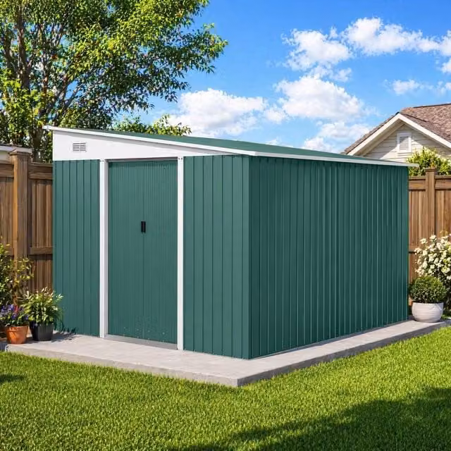 STILVORA Green Galvanised Steel Pent Garden Storage Shed with Double Sliding Doors and Side Vents, W/D/H: 345 x 333 x 201 cm – 1
