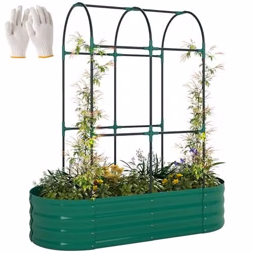 Outsunny Galvanised Steel Raised Garden Bed with Arched Trellis, Green, W: 121.92 cm, D: 60.96 cm, H: 140.2 cm – 1