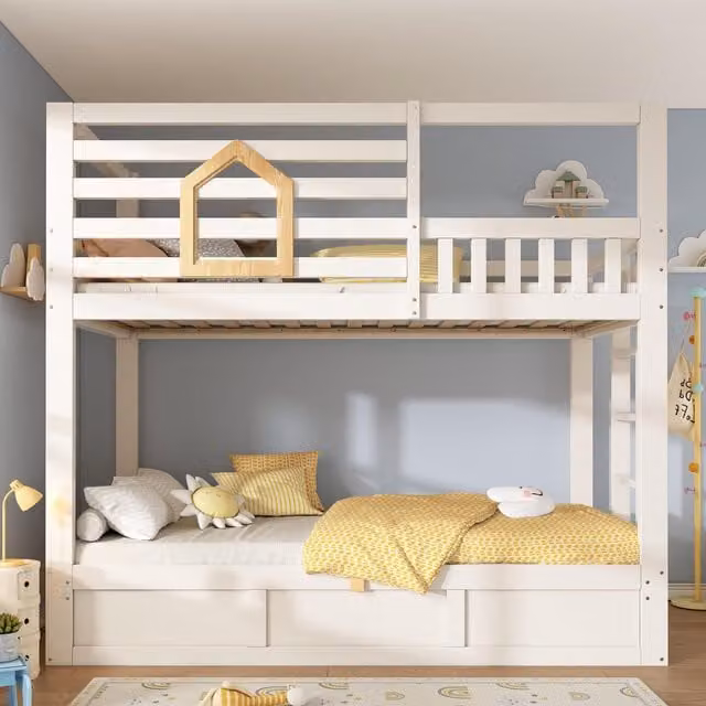 Aosom UK Childrens Cabin Bunk Bed with Hydraulic Underbed Storage and Integrated Ladder, White, W: 102 cm, D: 200 cm, H: 184 cm