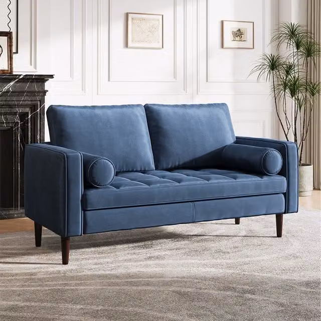 Komore Modern 2-Seat Navy Blue Velvet Upholstered Sofa with Scatter Cushions