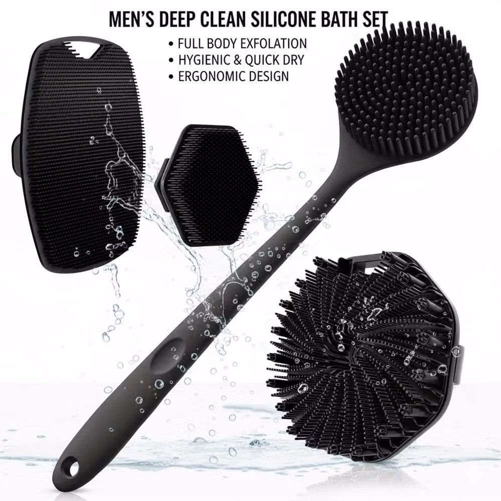 VOGREX 4-Piece Soft Silicone Non-Slip Body Scrub Brush Set in Black – 3