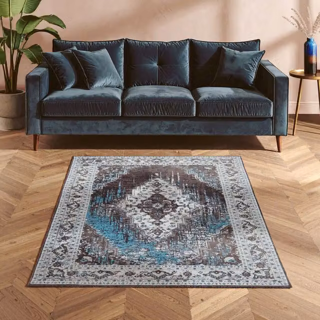 Orsina Bosie Morvi Small Round Jacquard Woven Cotton Rug in Blue and Multicolour, Diameter: 100 cm – 1