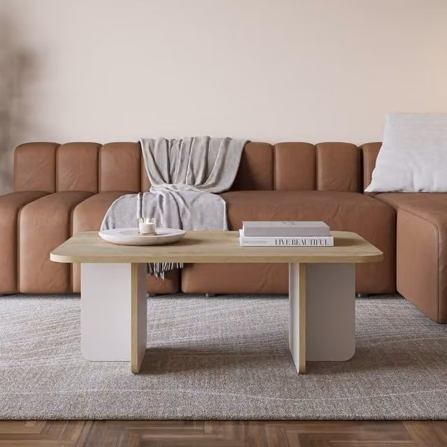 Decortie Hillary Modern Rectangular Coffee Table with Rounded Corners in Light Oak and Sandstone, Width: 100 cm