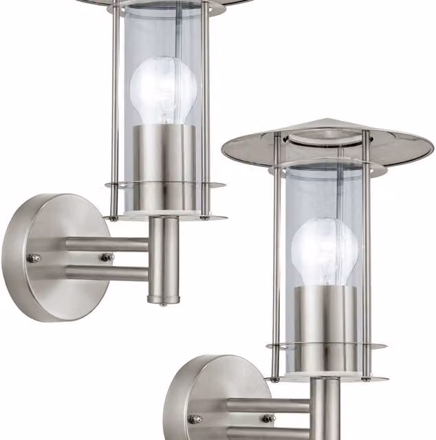 Loops 2 Pack IP44 Outdoor Wall Lanterns in Silver Stainless Steel and Transparent Glass with E27 Socket