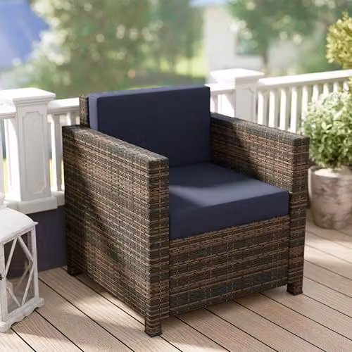 Outsunny Rattan Garden Armchair with Cushions, Brown and Navy Blue – 7
