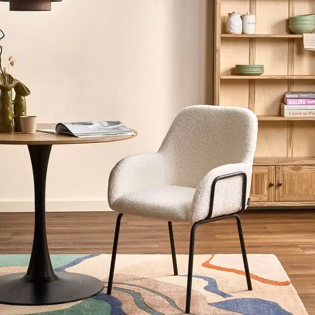 Wyld and Coco Bouclé Dining Chair with Black Iron Base in Off-White – 1