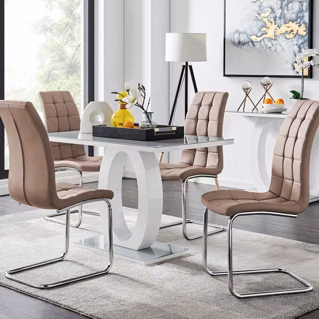 FurnitureboxUK Giovani Modern Glass Dining Table and Four Murano Chairs Set in Grey, White and Cappuccino