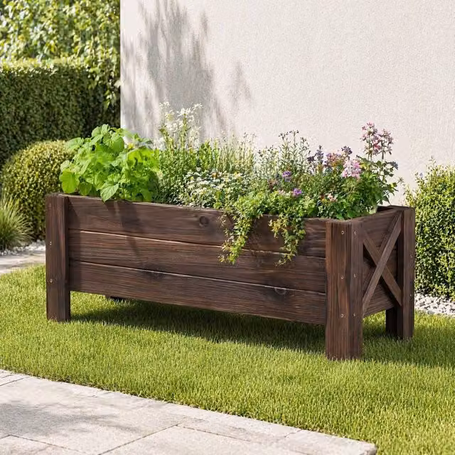 STILVORA Wooden Raised Garden Bed Planter, Brown, W: 100 cm, D: 36 cm, H: 36.5 cm