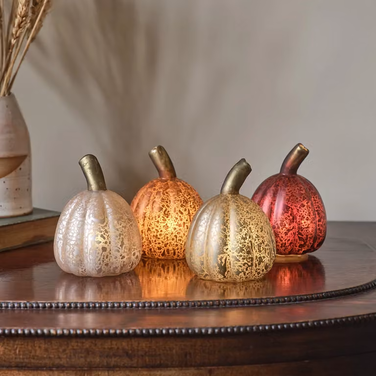 Lights4Fun Set of 4 Multicolour Miniature Glass Pumpkin Decorations for Halloween and Autumn Tabletop Styling