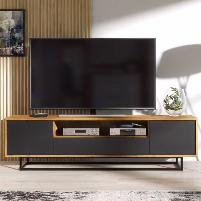Creative Furniture Rift Loft Industrial TV Unit in Dark Oak and Black, W: 200 cm, D: 50 cm, H: 35 cm